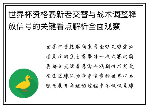 世界杯资格赛新老交替与战术调整释放信号的关键看点解析全面观察 世界杯资格赛新老交替与战术调整释放信号的关键看点解析全面观察