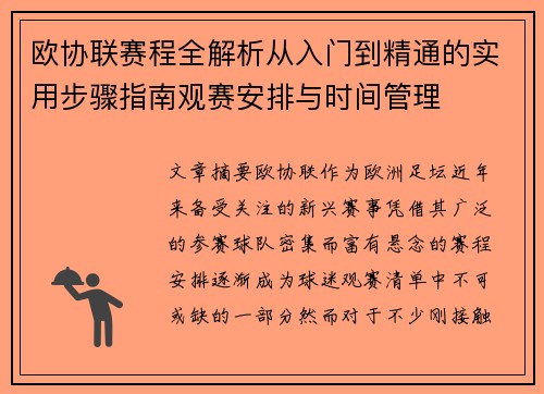 欧协联赛程全解析从入门到精通的实用步骤指南观赛安排与时间管理