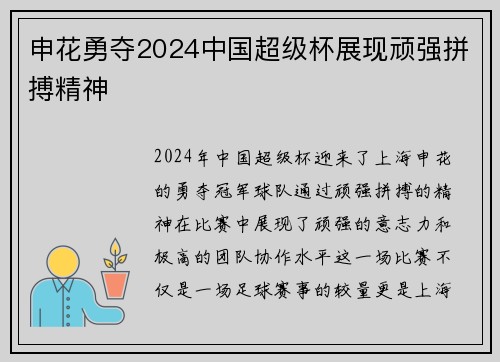申花勇夺2024中国超级杯展现顽强拼搏精神 申花勇夺2024中国超级杯展现顽强拼搏精神